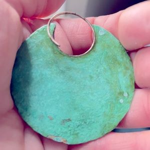 14 g mega brass blade hoop earrings with a blue green patina. Discomedusa made.
